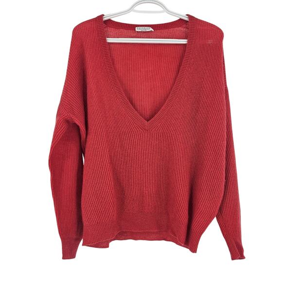 Brunello Cucinelli Sweaters - Brunello Cucinelli Sweater Red V-neck Ribbed Knit Mohair Wool Pullover Size M